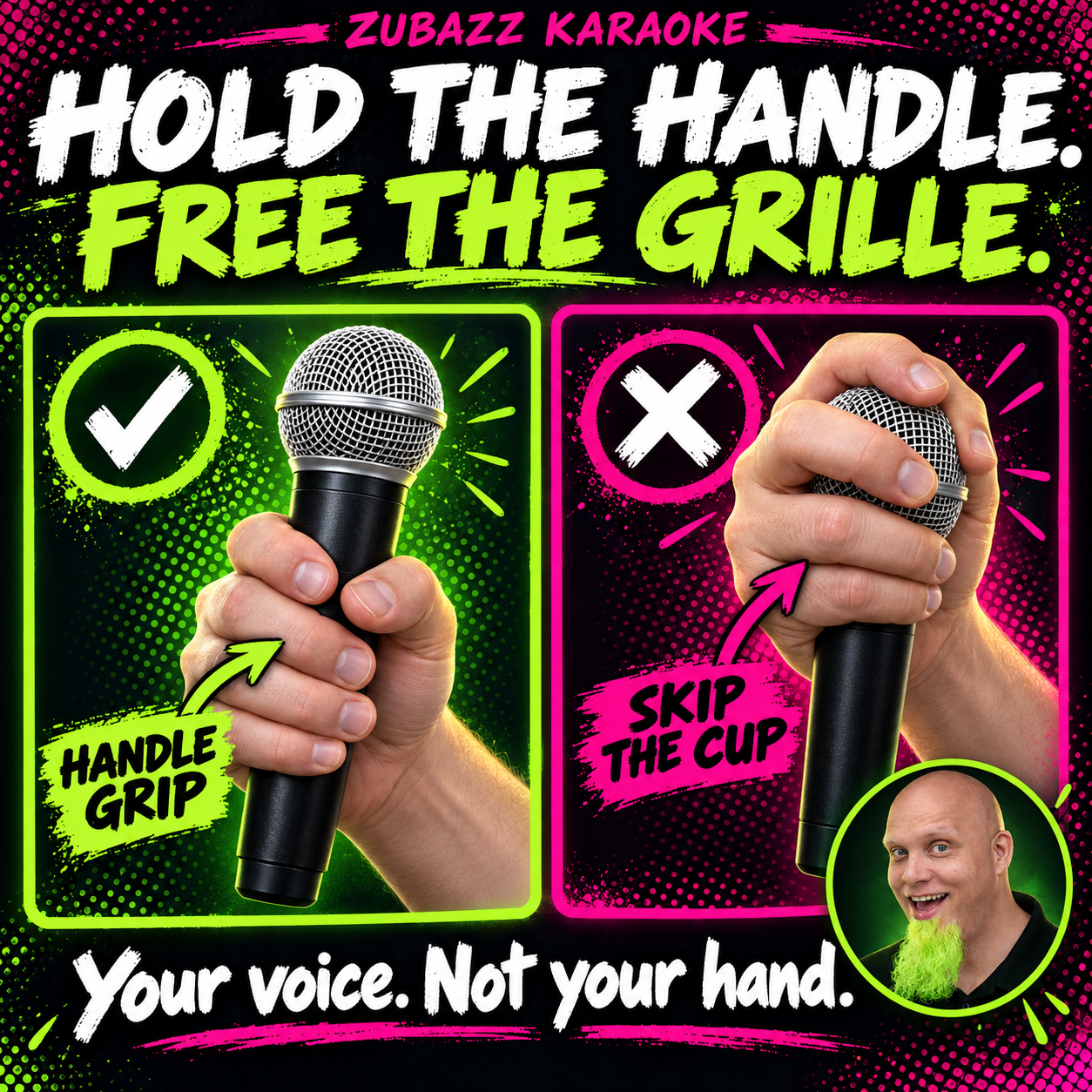 A hand grips the microphone handle with the grille clear; a cupped grille is marked as the common mistake. Zubazz appears in an inset.