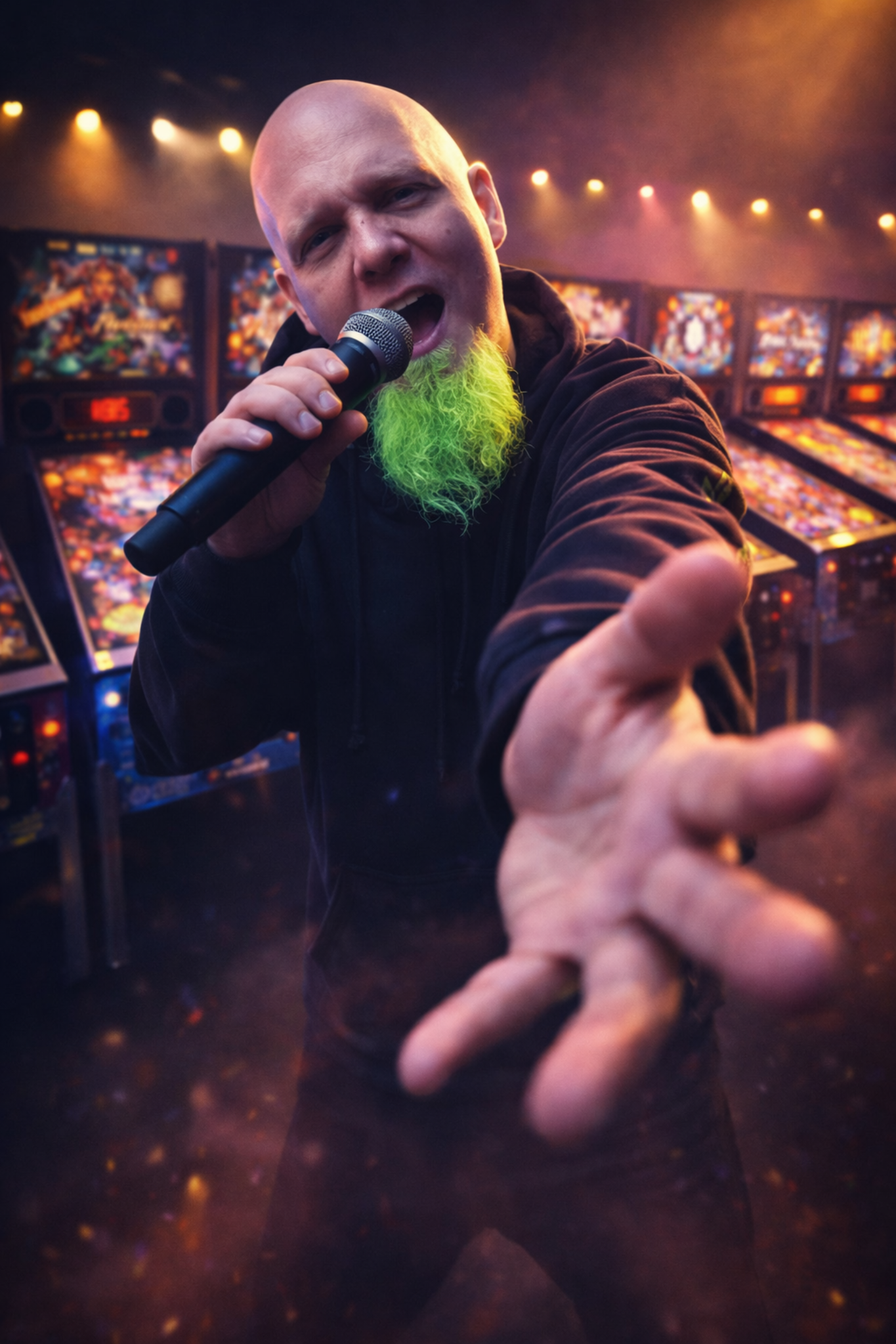 Zubazz singing into a wireless microphone in a pinball room, with his signature green beard